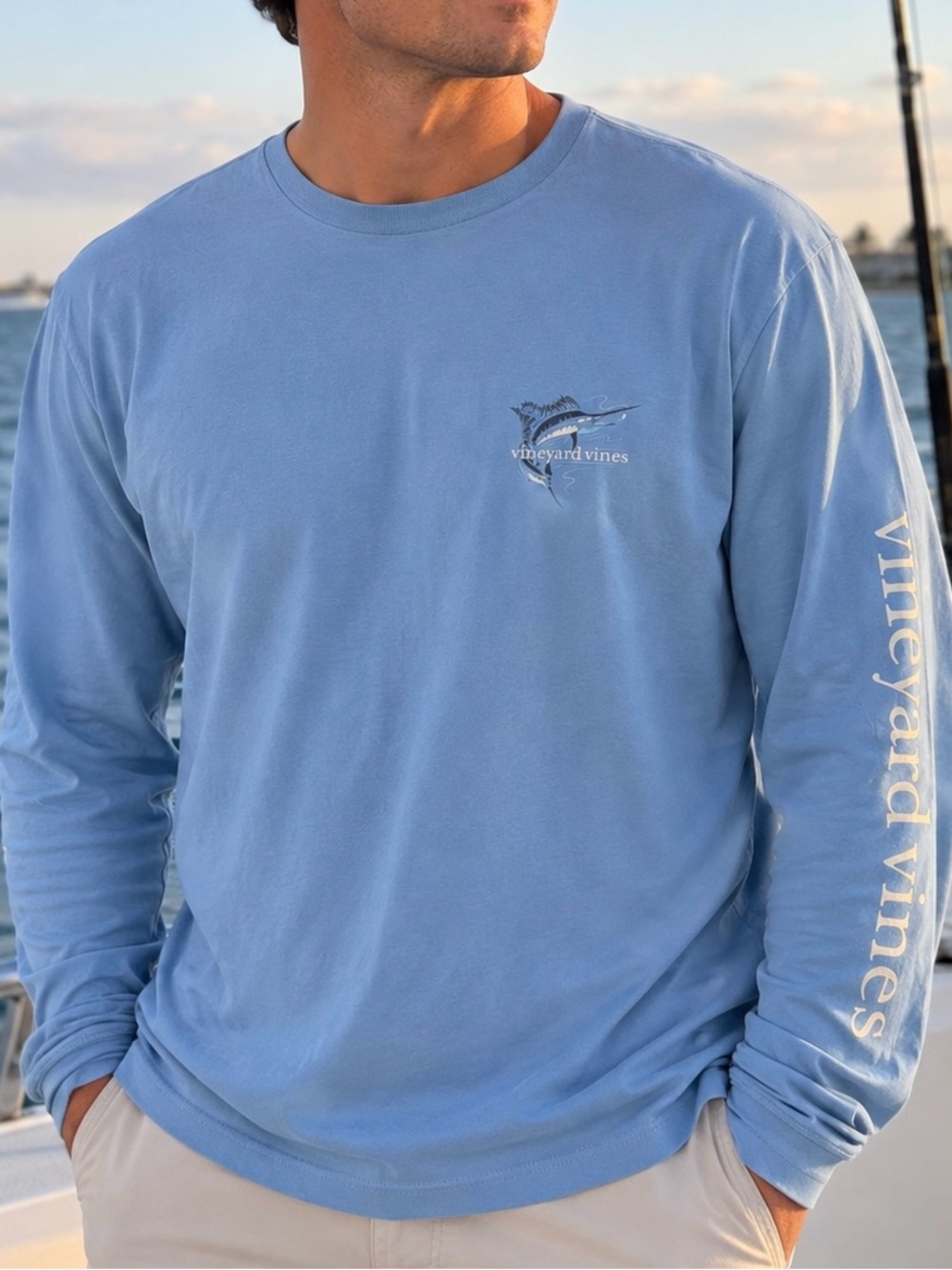 Vineyard Vines Men's Long Sleeve Tee in Sky Blue with Small Marlin Logo